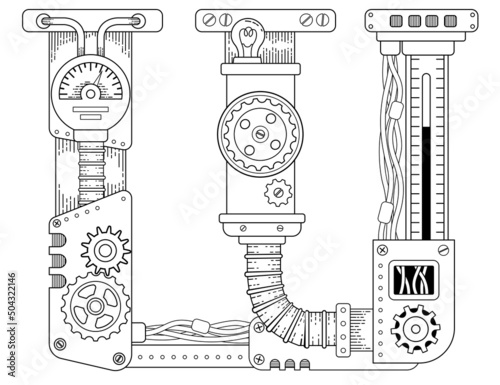 Vector coloring book for adults. Steampunk Cyrillic letter. Mechanical alphabet made of metal gears and various details on white background