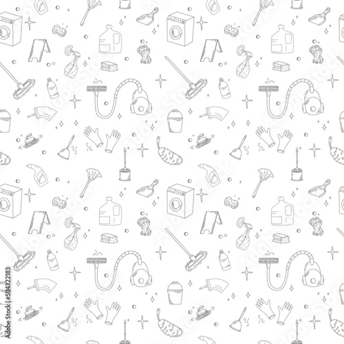 Seamless pattern with doodle style cleaning elements.