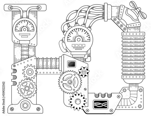 Vector coloring book for adults. Steampunk Cyrillic letter. Mechanical alphabet made of metal gears and various details on white background