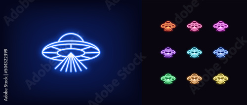 Outline neon alien UFO icon. Glowing neon alien spacecraft with scanning beams, UFO spaceship pictogram