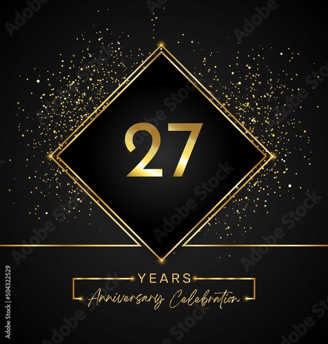 27 years anniversary celebration with golden frame and gold glitter on black background. 27 years Anniversary logo. Vector design for greeting card, birthday party, wedding, event party, invitation.