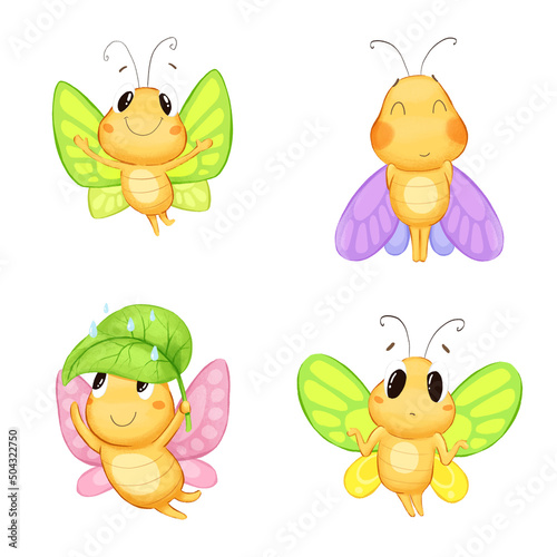 Cute butterfly character set in different poses and emotions. Ideal for stickers and postcards.