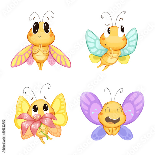 Cute butterfly character set in different poses and emotions. Ideal for stickers and postcards.