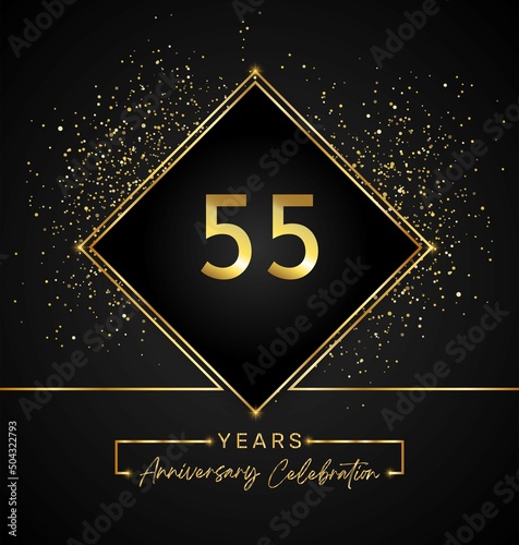 55 years anniversary celebration with golden frame and gold glitter on black background. 55 years Anniversary logo. Vector design for greeting card, birthday party, wedding, event party, invitation.