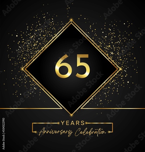 65 years anniversary celebration with golden frame and gold glitter on black background. 65 years Anniversary logo. Vector design for greeting card, birthday party, wedding, event party, invitation.