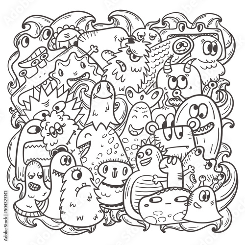 Vector hand drawn coloring pattern with funny fictional doodle monsters.