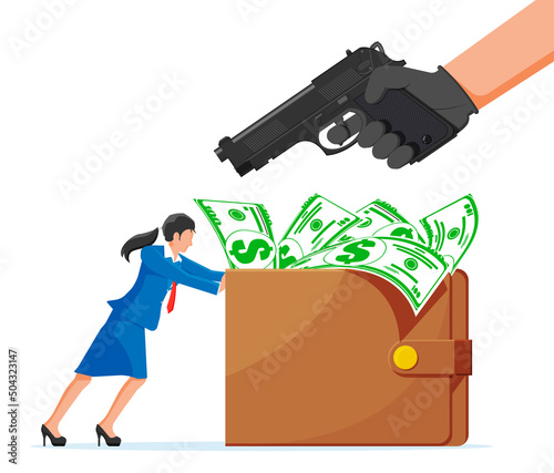 Bandit with Gun and Woman with Wallet full of Money. Hand Holding Pistol and Businesswoman Giving or Offering Money Bills and Coins. Robbery and Criminal Concept. Flat Vector Illustration