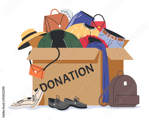Cardboard Box full of Clothes, Footwear and Accessories. Clothes Donation Concept. Used Clothing in Paper Box. Charity and Donate of Clothing for Poor People. Cartoon Flat Vector Illustration