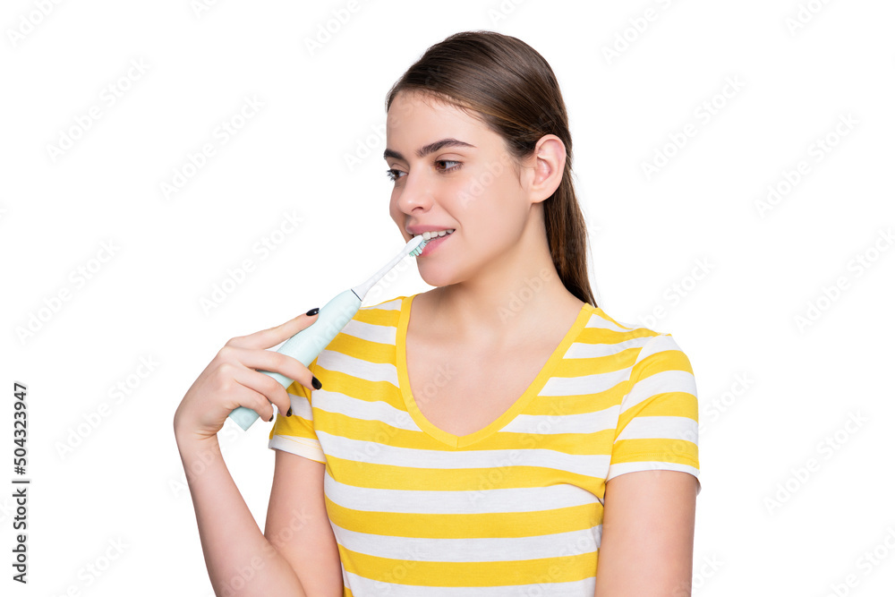 smiling young girl with electric toothbrush isolated on white background smiling young girl with electric toothbrush isolated on white background
