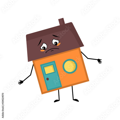 Cute house character with sad emotions, depressed face, down eyes, arms and legs. Building man with melancholy expression, funny cottage. Vector flat illustration