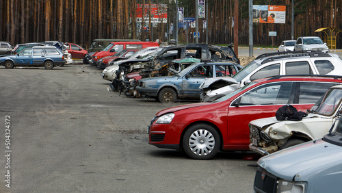 Dump of burnt civilian cars stolen, shoot by the Russian army and destroyed during Russia's war against Ukraine © Dmytro