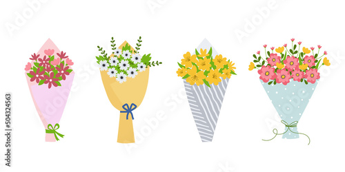 Set of bouquets with blooming flowers wrapped in craft paper. Florist composition for holiday celebration. Design element for greeting card, invitation, stickers, postcard, poster, print