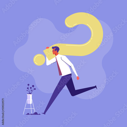 Businessman carrying a huge question mark to find ways to solve the problem, the concept of business problem, Businessman  runs away from problems vector illustration