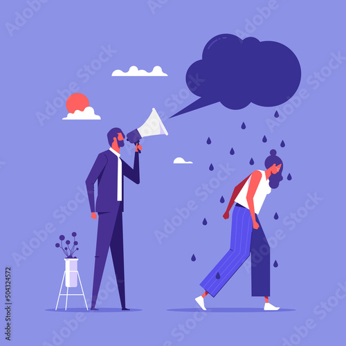 Businessman shouting in megaphone with anger at stressed employee symbolizing business problems, concept of business communication, teamwork, leadership