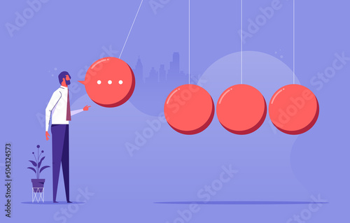Man in front of newton's cradle with a chat bubble, effect of speech or communication, Gossip and fake news concept