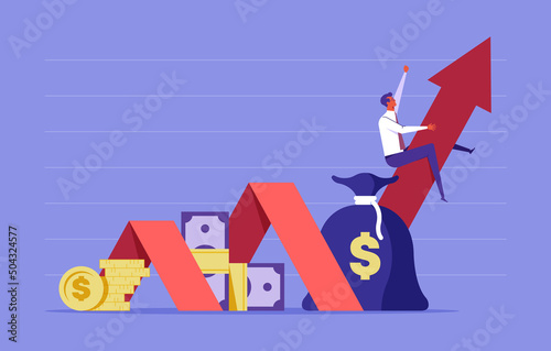 Income growth investment, financial growth rising up to success, successful businessman riding on rising up growth arrow