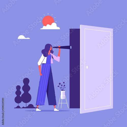 Looking in unknown future concept, businesswoman with telescope in her hands looks through open door, Search for life path and journey into subconscious