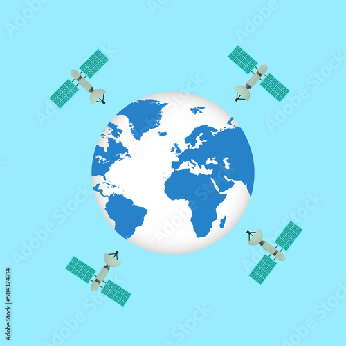 Satellite around world globe vector. Satellites are running around the world concept. Communication satellite flying orbital spaceflight around the earth. A space station with solar panels.