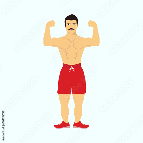 Bodybuilder man showing his body flat character design. A strong and angry bodybuilder shows his bicep vector. Muscular man with a mustache and red boxer pant vector. Muscle Man wearing shorts.