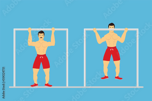 Muscular man doing pull-up exercise to gain strength concept. Bodybuilder with a mustache, doing pull-ups vector. Angry muscle man wearing red boxer pants and doing daily exercises.
