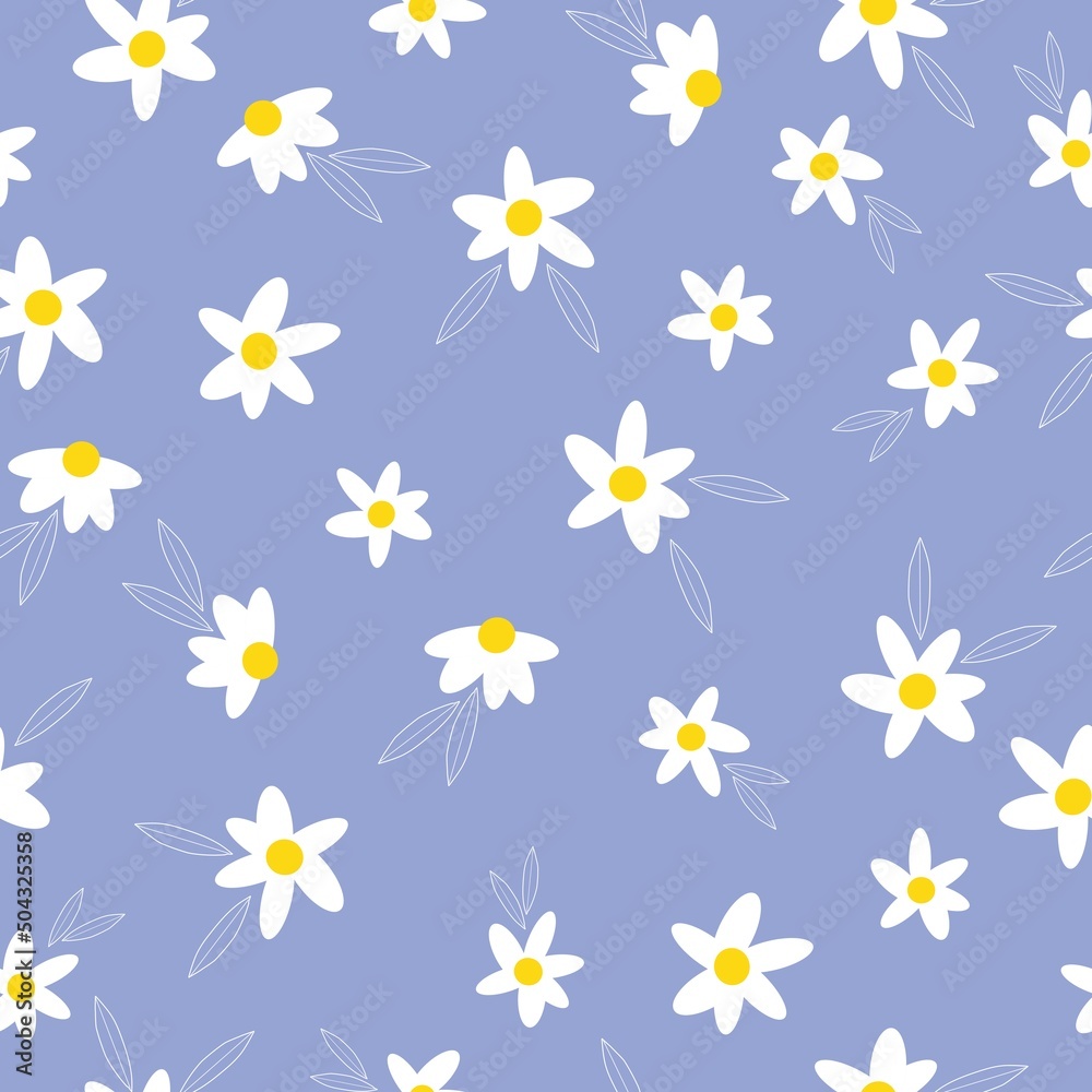 Simple vintage pattern. White flowers and leaves . Light blue background. Fashionable print for textiles, wallpaper and packaging.