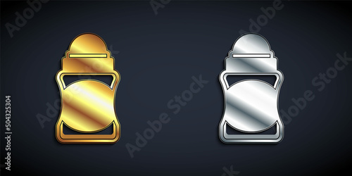 Gold and silver Antiperspirant deodorant roll icon isolated on black background. Cosmetic for body hygiene. Long shadow style. Vector