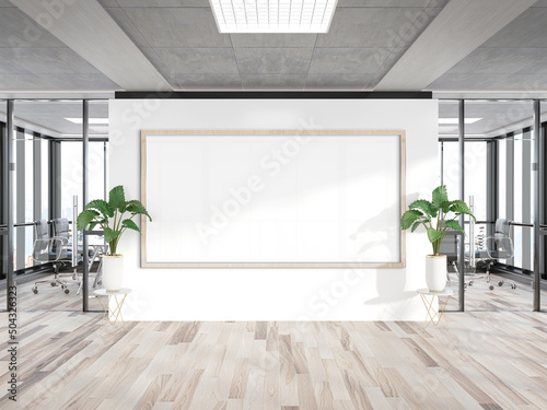 Panoramic frame Mockup hanging on office wall. Mock up of a large billboard in modern wooden company interior 3D rendering © sdecoret