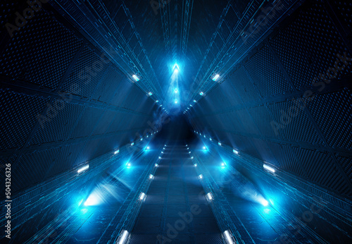 Fototapeta Naklejka Na Ścianę i Meble -  Futuristic interior corridor with blue neon lights on panel walls. Triangle shaped spaceship background in space station. 3d rendering