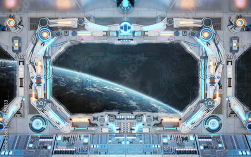 Fototapeta Naklejka Na Ścianę i Meble -  White spaceship interior with glowing blue and red lights. Futuristic spacecraft with large window view on planet Earth. 3D rendering