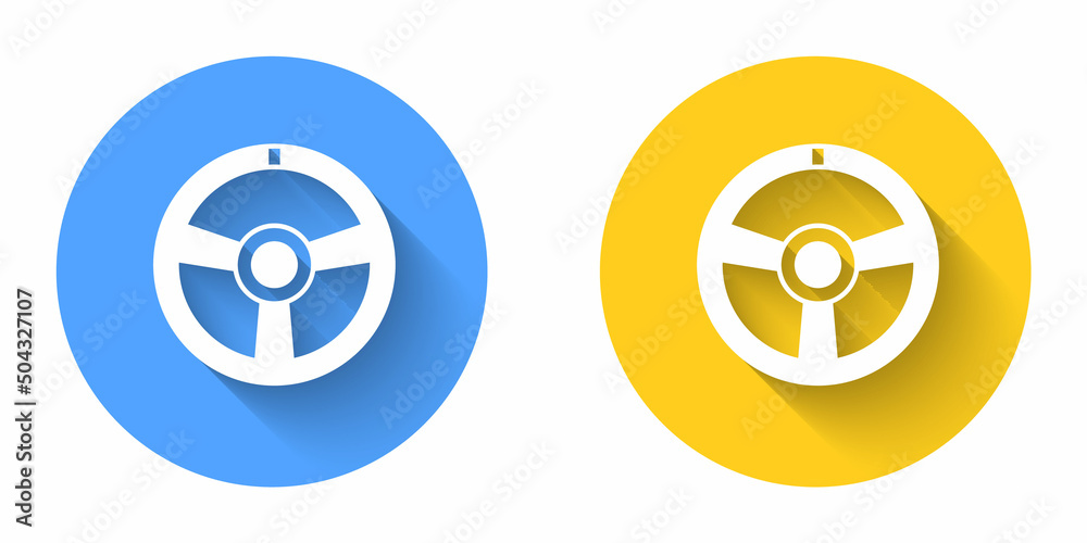 White Racing steering wheel icon isolated with long shadow background. Car wheel icon. Circle button. Vector White Racing steering wheel icon isolated with long shadow background. Car wheel icon. Circle button. Vector