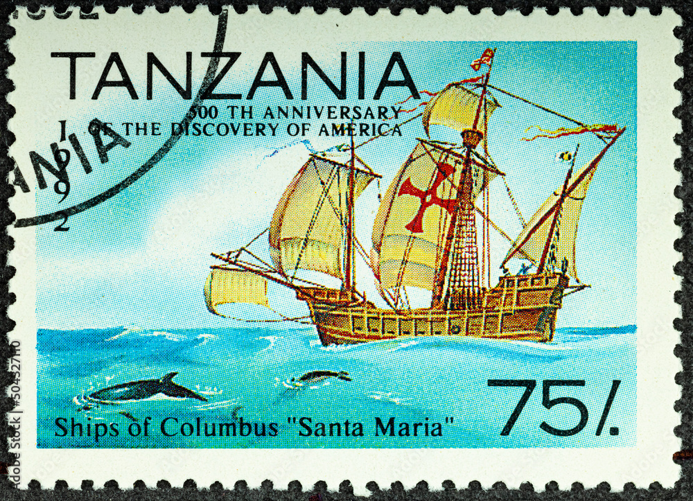 TANZANIA - CIRCA 1992: A stamp printed in Tanzania devoted to 500th anniversary of the discovery of America, shows Ships of Columbus Santa Maria, circa 1992