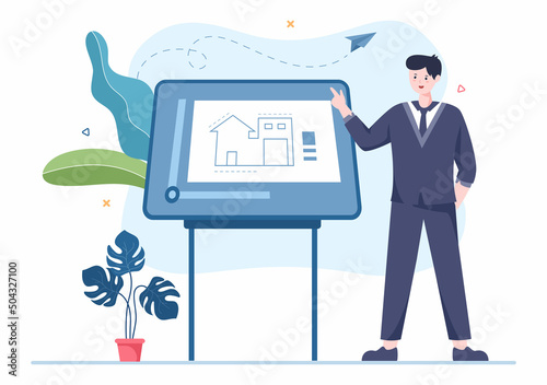 Architect or Engineer Cartoon Illustration using a Multipurpose Board Table to Sketch Building Constructions and Project Miniatures Concept