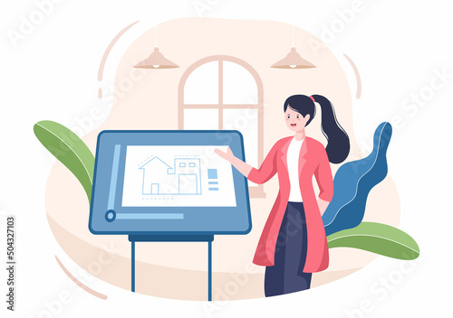 Architect or Engineer Cartoon Illustration using a Multipurpose Board Table to Sketch Building Constructions and Project Miniatures Concept