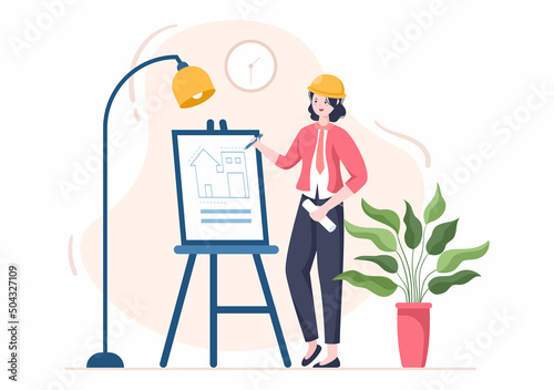 Architect or Engineer Cartoon Illustration using a Multipurpose Board Table to Sketch Building Constructions and Project Miniatures Concept