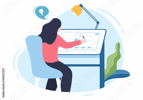 Architect or Engineer Cartoon Illustration using a Multipurpose Board Table to Sketch Building Constructions and Project Miniatures Concept