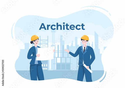 Architect or Engineer Cartoon Illustration using a Multipurpose Board Table to Sketch Building Constructions and Project Miniatures Concept