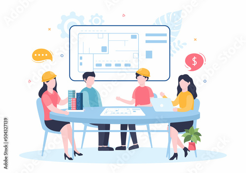 Architect or Engineer Cartoon Illustration using a Multipurpose Board Table to Sketch Building Constructions and Project Miniatures Concept