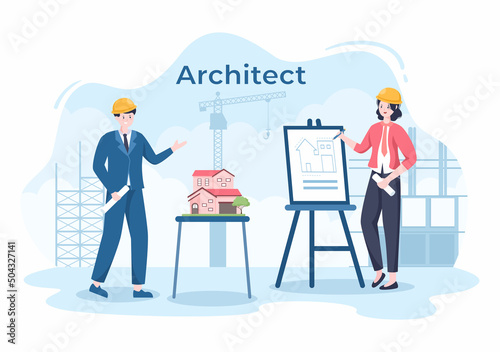 Architect or Engineer Cartoon Illustration using a Multipurpose Board Table to Sketch Building Constructions and Project Miniatures Concept