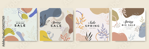 Floral flower boho minimal post square templates for social media. Vector abstract shapes vertical backgrounds. Minimal floral backdrops