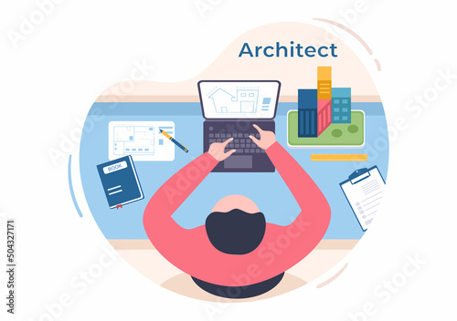 Architect or Engineer Cartoon Illustration using a Multipurpose Board Table to Sketch Building Constructions and Project Miniatures Concept