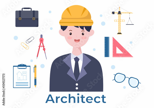 Architect or Engineer Cartoon Illustration using a Multipurpose Board Table to Sketch Building Constructions and Project Miniatures Concept