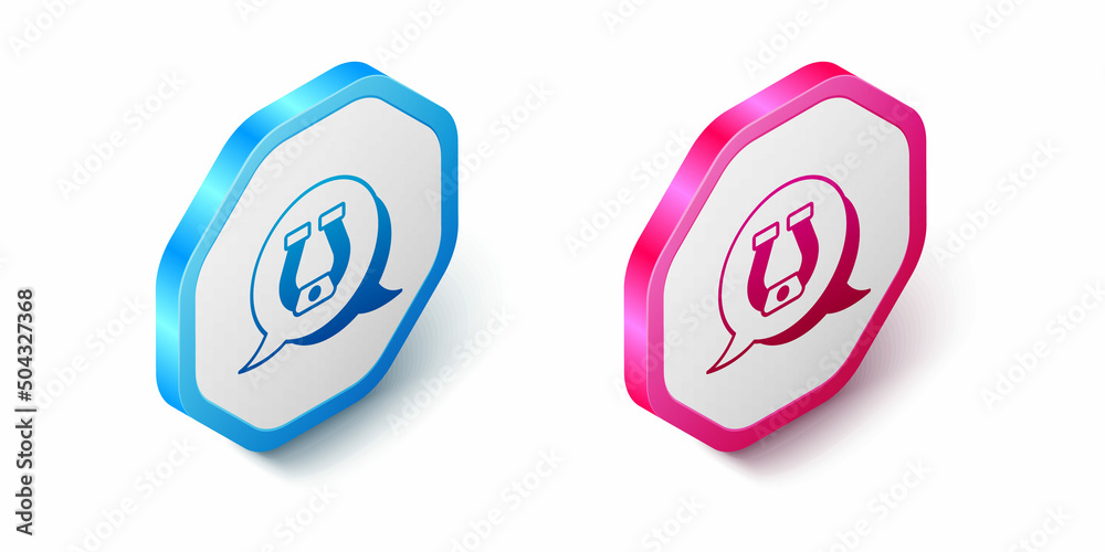 Isometric Horseshoe icon isolated on white background. Hexagon button. Vector