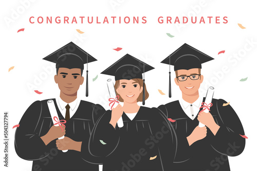 Сongratulations graduates. Group of happy students-graduates university or college wearing an academic gown, graduation cap and holding a diploma. Vector illustration