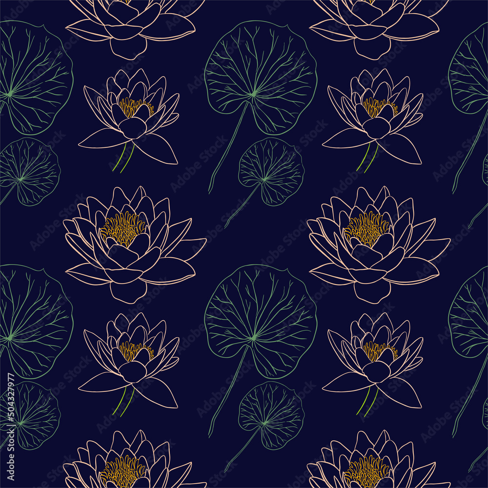 Pattern with lotus flowers and leaves. Vector illustration