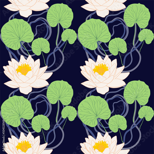 Pattern with lotus flowers and leaves. Vector illustration © Екатерина Завьялова
