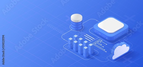 Cloud storage isometric illustration. Data server platform. Computer service technology. Network infrastructure.