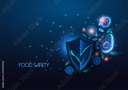 Futuristic food safety control concept with glowing fruits and vegetables and shield approval mark 