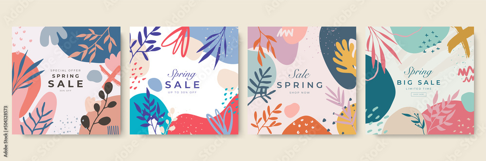 Spring time square poster design template. Trendy flower floral square templates. Suitable for social media posts, mobile apps, cards, invitations, banners design and web/internet ads.