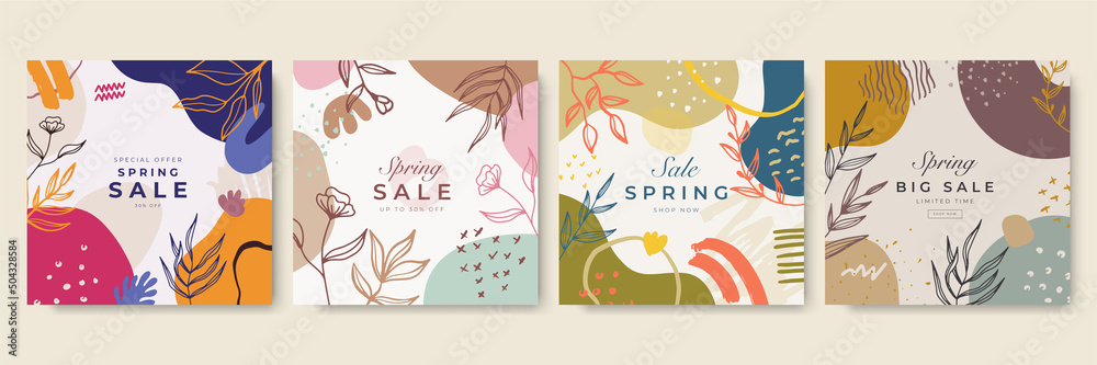 Spring time square poster design template. Trendy flower floral square templates. Suitable for social media posts, mobile apps, cards, invitations, banners design and web/internet ads.