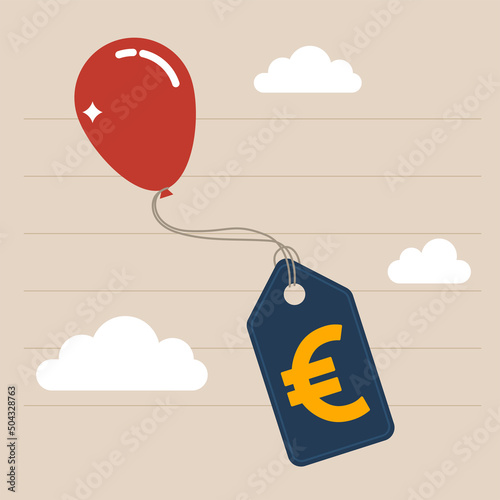 Air balloon tied with product price tag flying high rising up in the sky. Inflation causing price rising up, overvalued stock or funds, consumer purchasing power reducing concept.